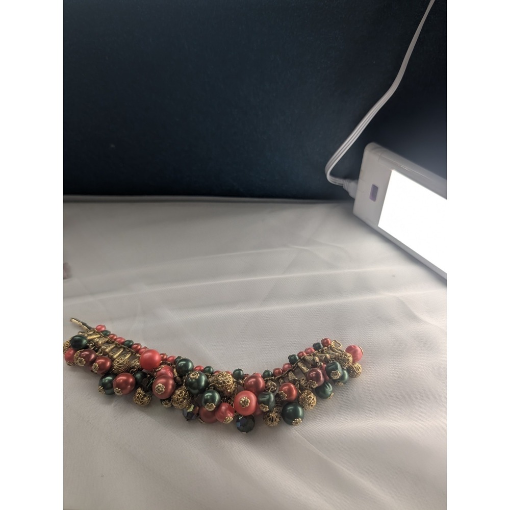 Mid-Century Pink Green Pearl Bead Tassel Collar Bracelet, Gold Tone Filigree - Picture 6 of 7